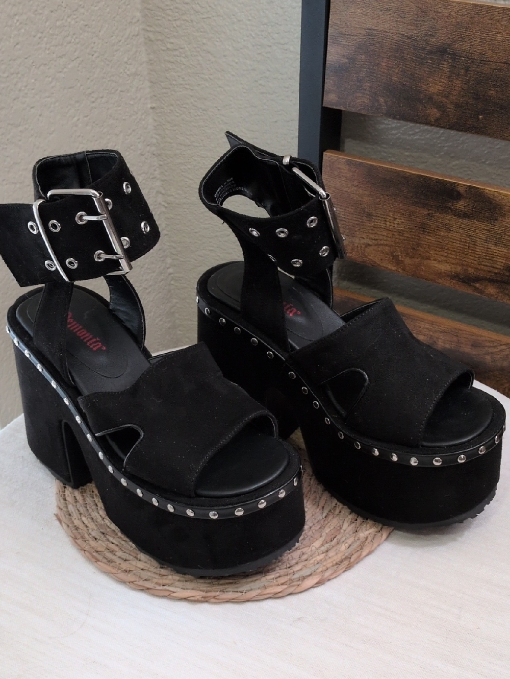 Demonia Camel 102  Black Studded Platform Ankle-Strap Sandals